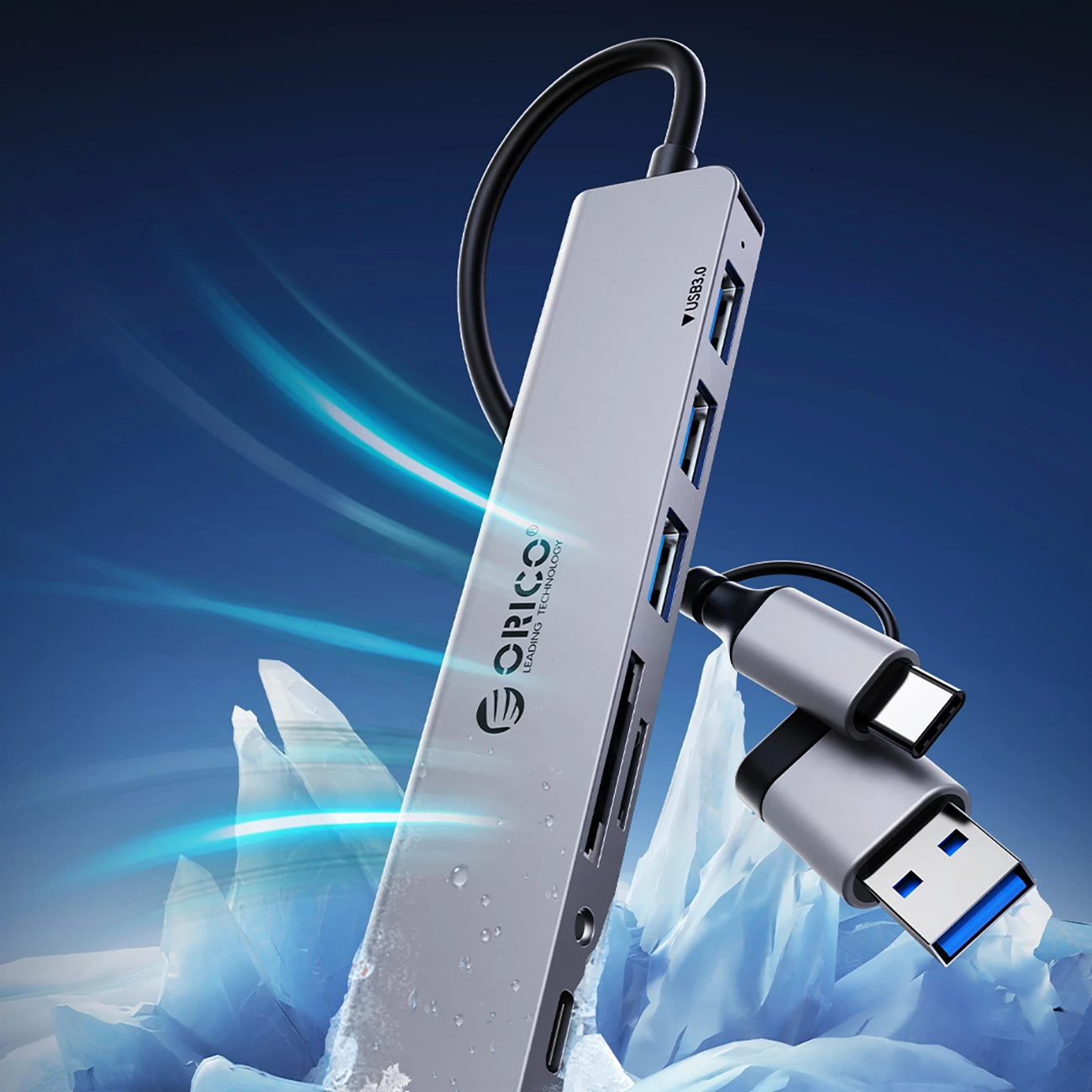 Kasë Orico YSA5-U3, 4 porta USB (3x USB-A 2.0, 1x USB-A 3.0), kabllo 2-në-1 USB-C/USB-A, Gri