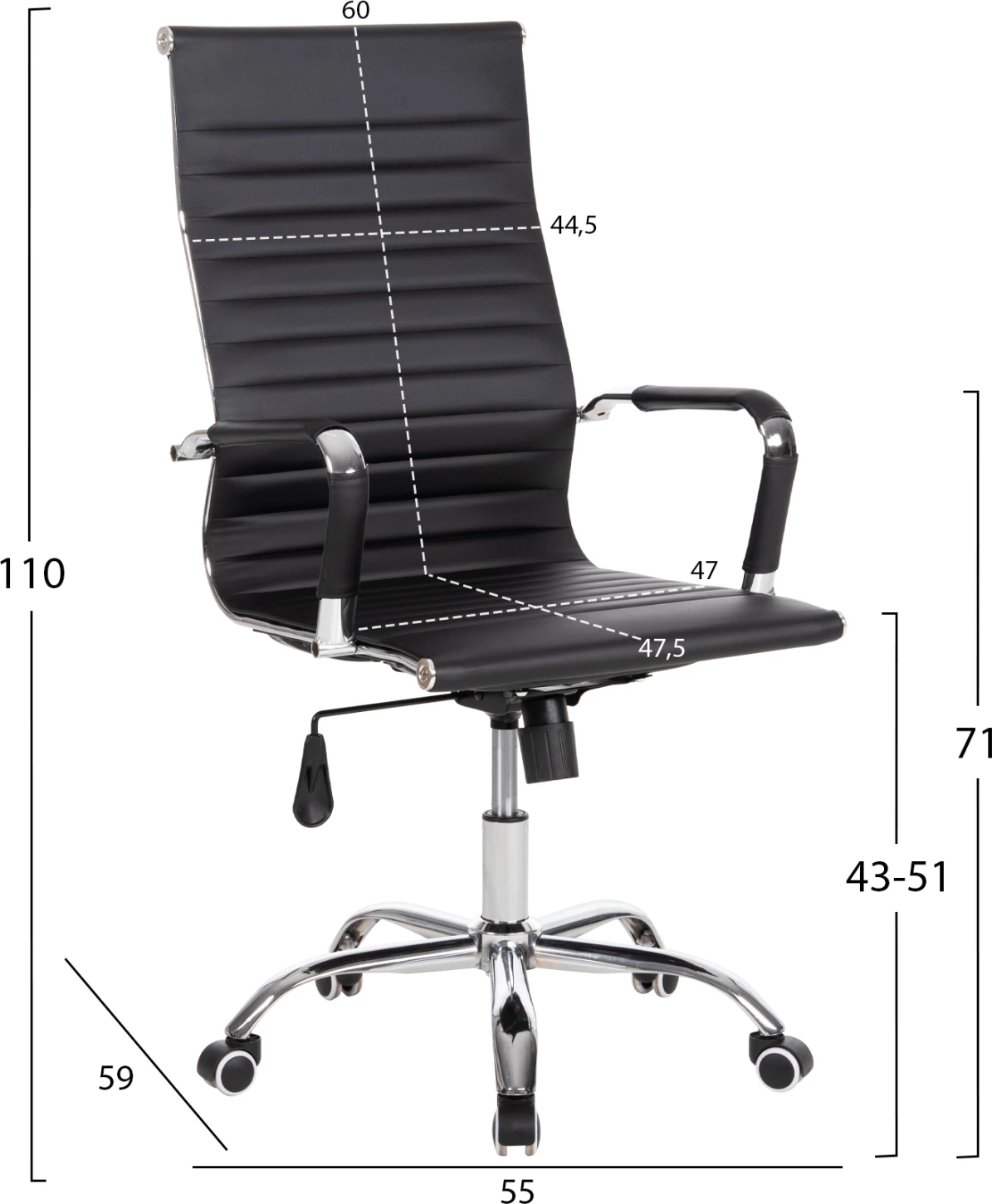 Karrige menaxheri për zyre BOSS FH1059.31, ngjyrë e zezë, PU-metal krom, 54x57x110H cm.