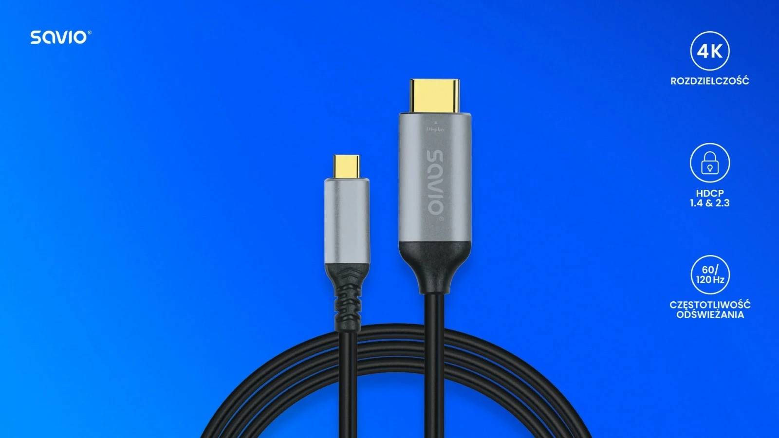 Kabllo USB-C në HDMI Savio CL-184, 3m, Gri
