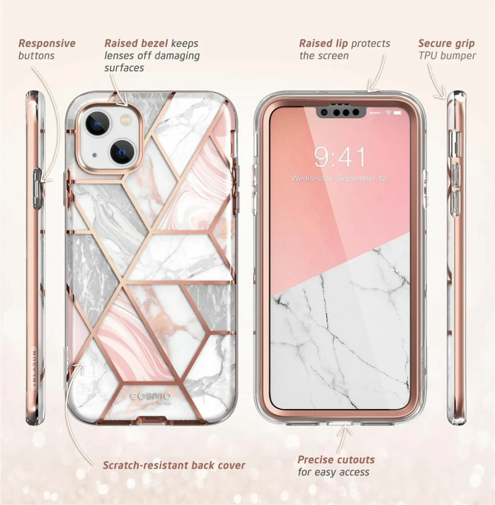 Mbështjellës Supcase Cosmo për iPhone 14 Plus, mermer rozë