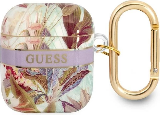 Mbështjellës Guess për AirPods 1/2, Flower Strap Collection, vjollcë