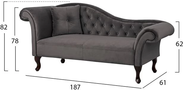 Chaise longue Chesterfield, kadife gri, Niovi FH3007.10, krah i majtë, 189x61x84 cm