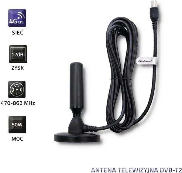 Antenë televizive DVB-T2 Qoltec 57016, për brenda, e zezë