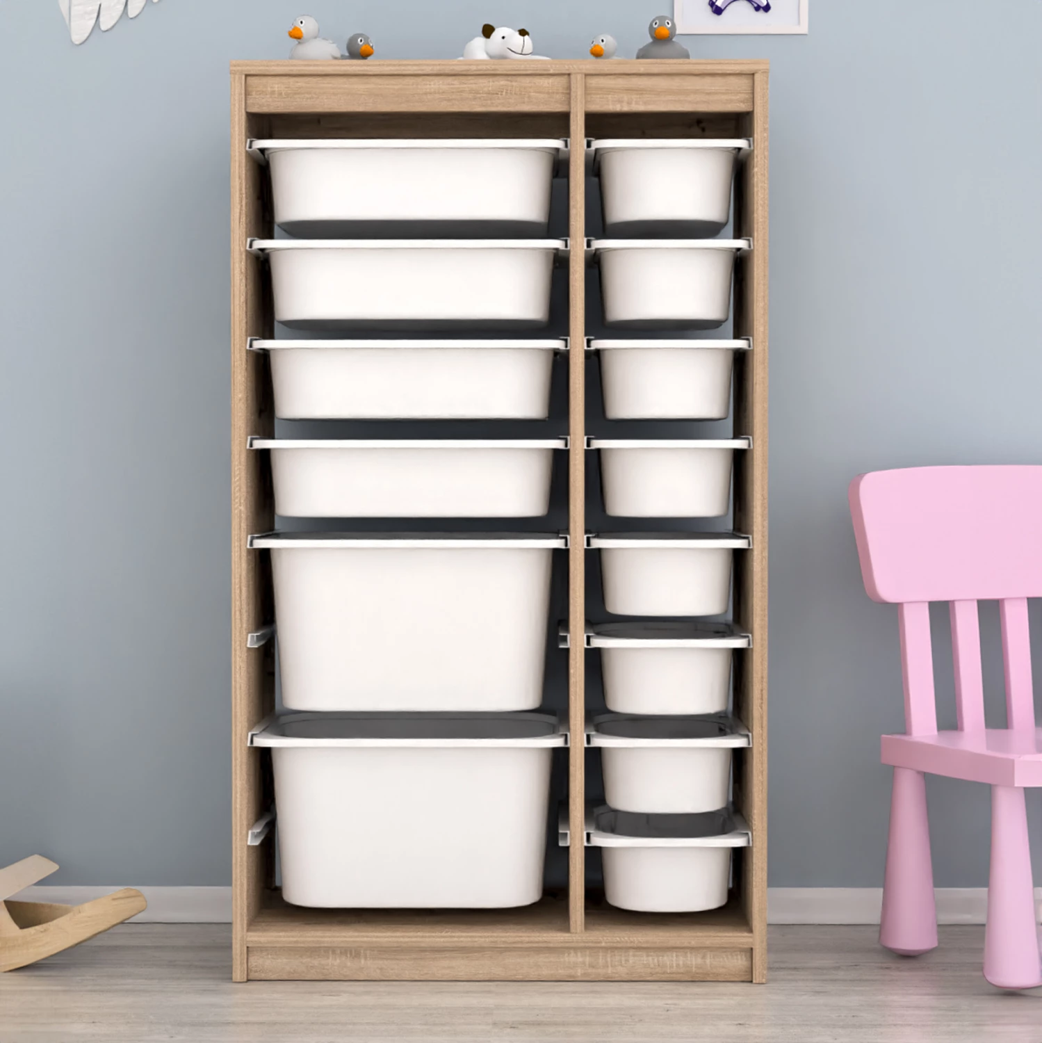 Komodinë me sirtarë SANI FH18202.03 melaminë, ngjyrë sonama, 14 sirtarë plastikë të bardhë, 69x29.6x112.2 cm