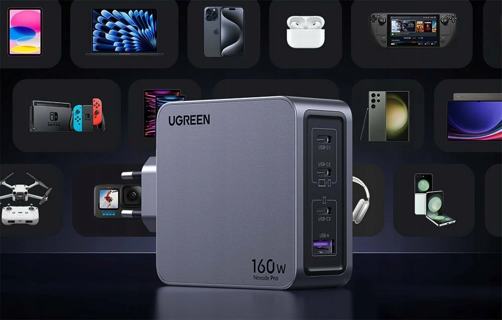 Karikues Ugreen Nexode Pro UGR1838 160W, 1x USB-A + 3x USB-C, GaN II, me kabllo, gri