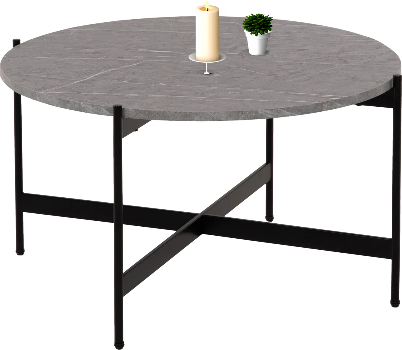 Tavolinë kafeje FH9588.02, sipërfaqe tavoline mermer gri, bazë metalike e zezë, Φ80x45H cm