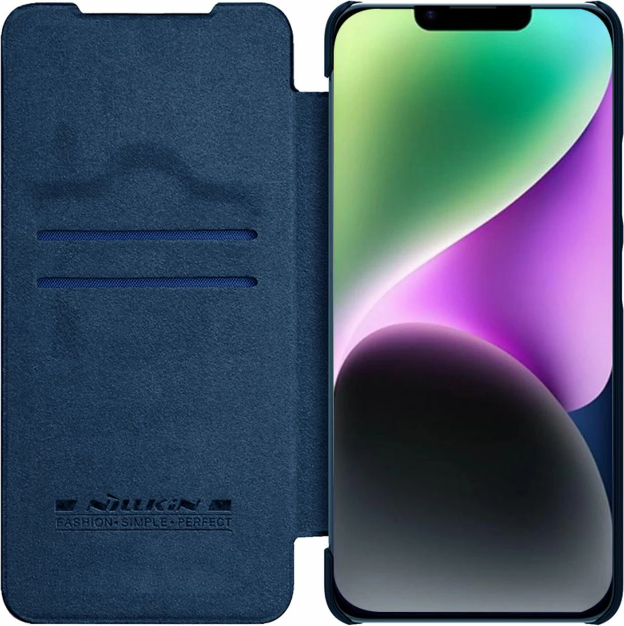 Mbështjellës Nillkin Qin Leather Pro Case për iPhone 14 Plus, me kapak dhe mbrojtje kamere, Kaltër