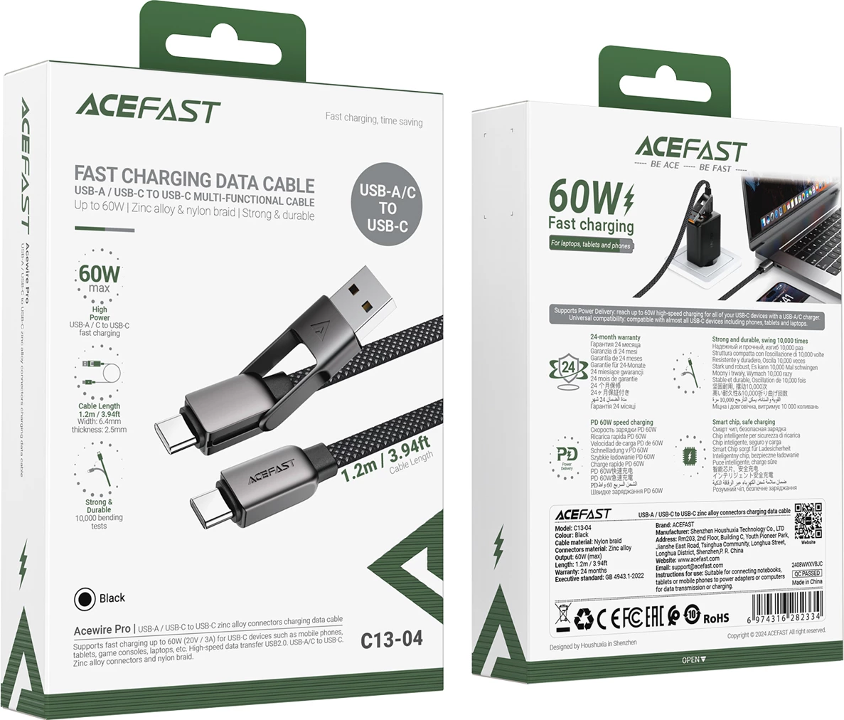 Kabllo Acefast C13-04 USB-C në USB-A/USB-C, 1.2m, 480Mb/s, 3A, e zezë