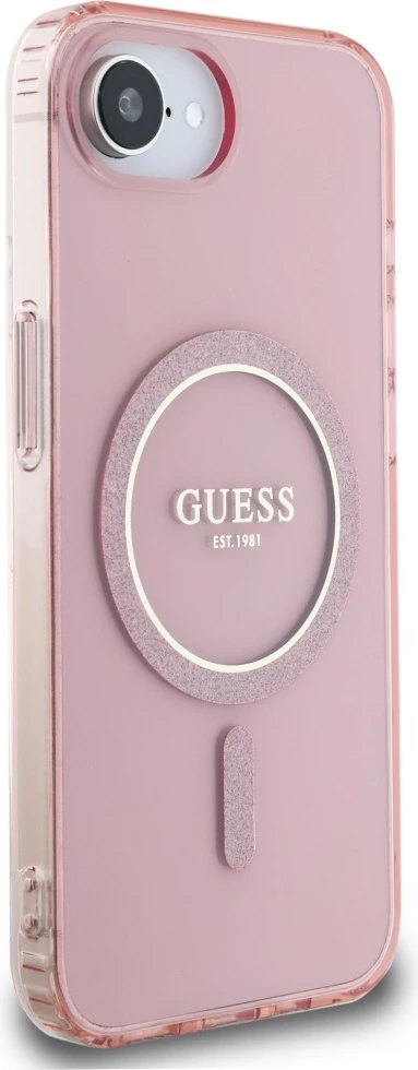 Mbështjellës Guess IML Glitter Circle MagSafe për iPhone 16e, rozë