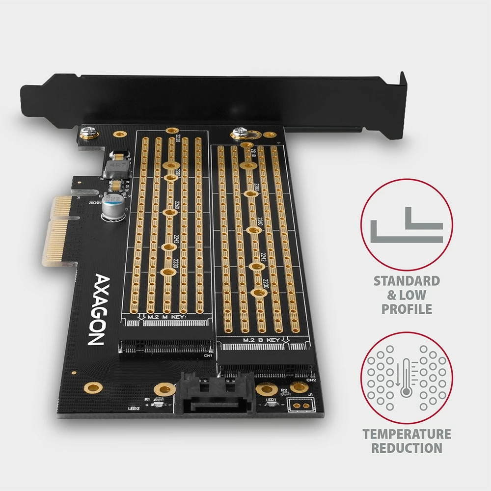 Adapter PCIe x4 AXAGON PCEM2-D për 1x M.2 NVMe M-key + 1x SATA B-key, me aksesorë, i zi