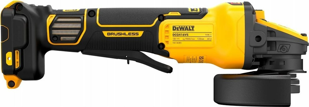 Fleks me bateri DeWalt DCG416VSN 18V XR, disk 125 mm, motor pa furça, 6 shpejtësi 3000-9000 rpm, pa bateri/karikues, e verdhë/zezë