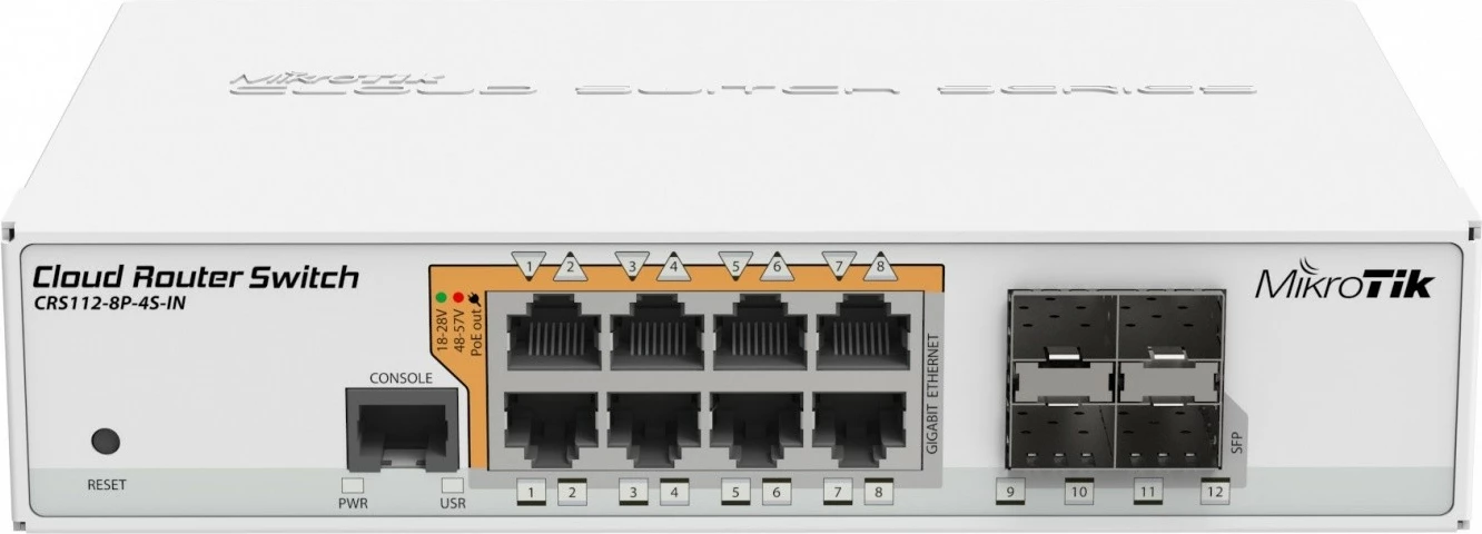 Switch i menaxhueshëm Mikrotik CRS112-8P-4S-IN, 8 porte Gigabit, 4 porte SFP, i bardhë