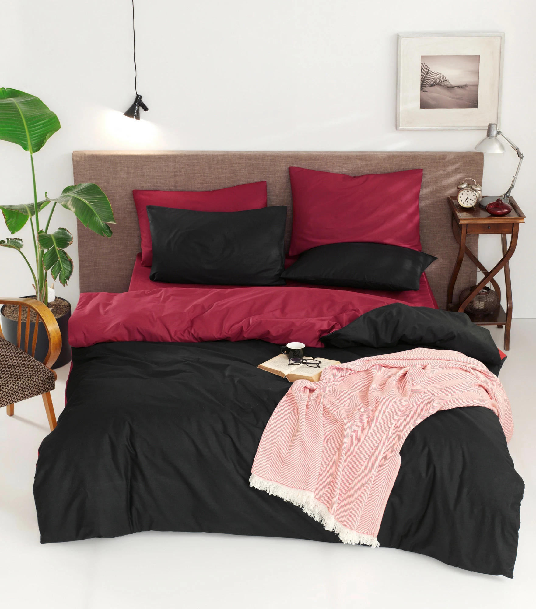 Set mbulesë për jorgan King, dyanshëm, ngjyrë e kuqe e errët dhe e zezë, L'essentiel