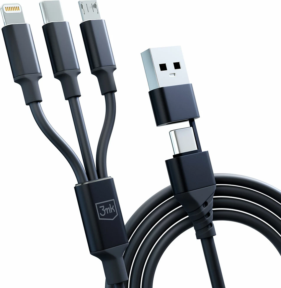 Kabllo 3in1 3mk Hyper Cable, 1.5m, USB-A në USB-C/Micro USB/Lightning, e zezë