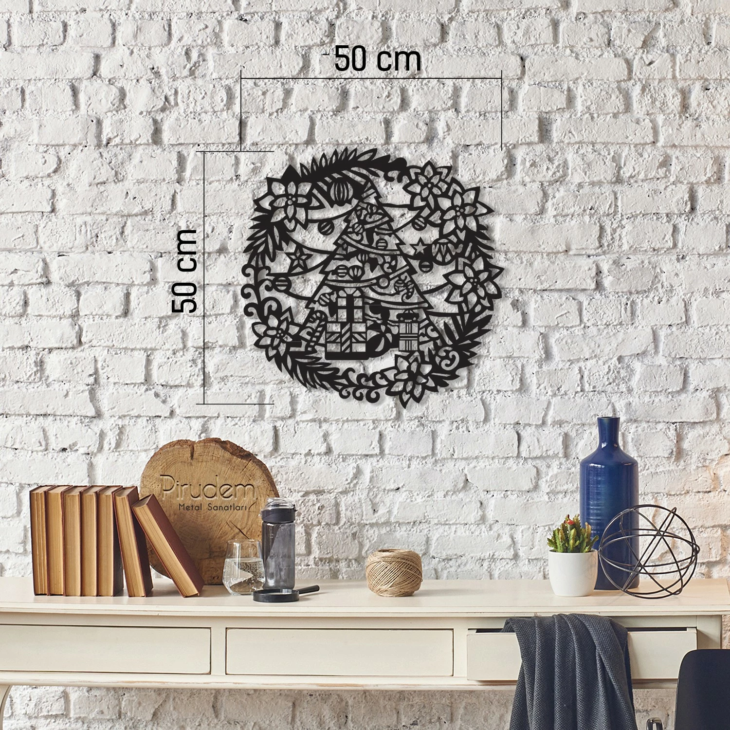 Aksesor dekorativ metalik për mur, pemë e Krishtlindjeve, Wallity, ngjyrë e zezë, 50x50cm