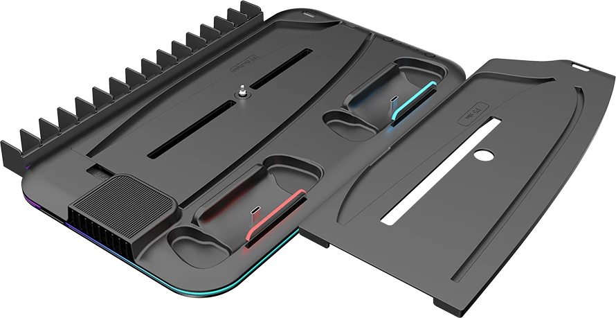 Stendë ftohëse/karikuese CANYON CS-51 RGB për PS5 Slim/Disc/Digital/PS5 Pro, karikim 2 kontrollorë, 5000 RPM, USB-C, e zezë, set me kabllo USB-C dhe mbajtëse kufjesh