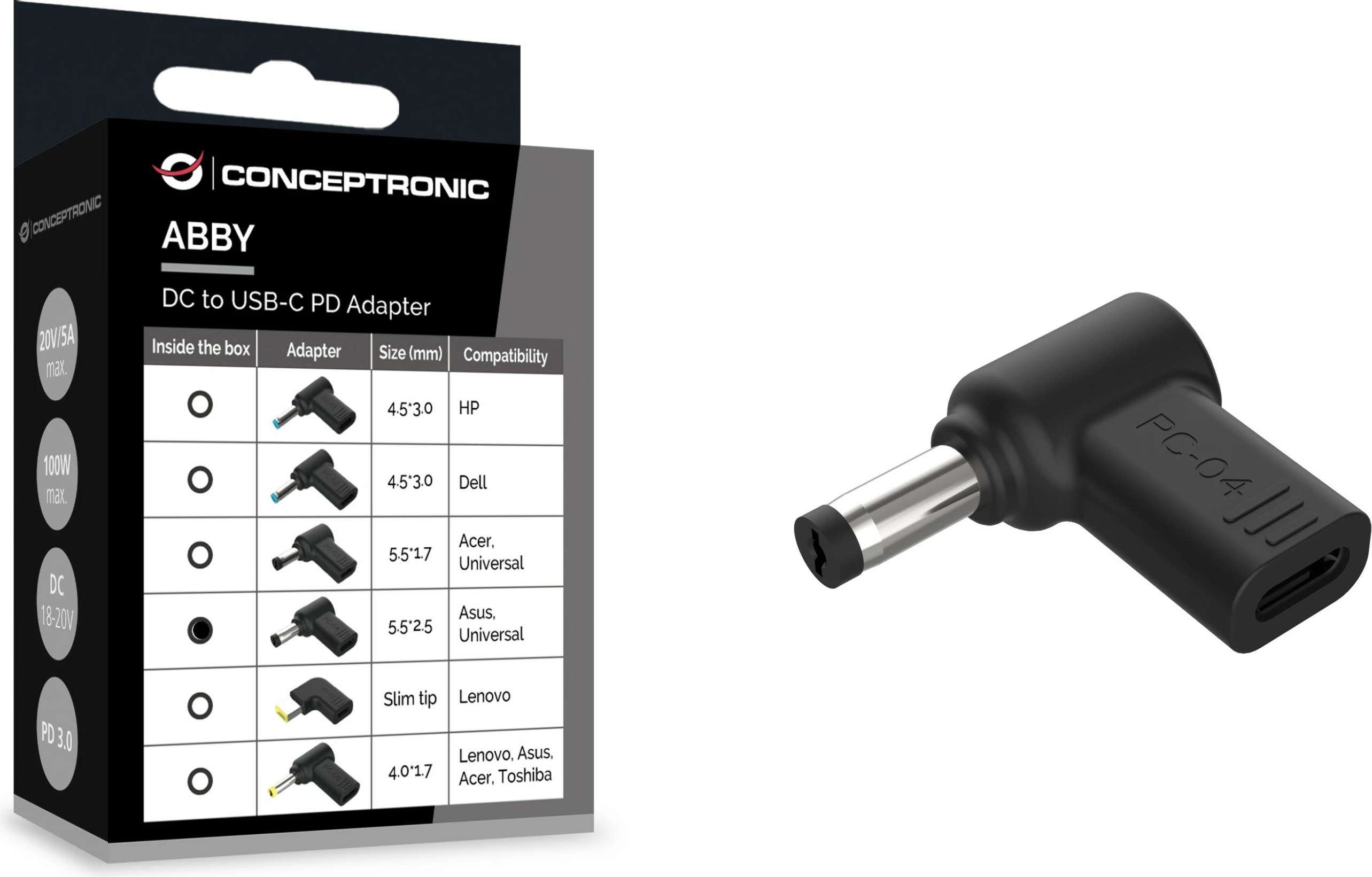 Adapter Conceptronic USB-C PD100W në Asus/Universal 5.5x2.5mm, i zi