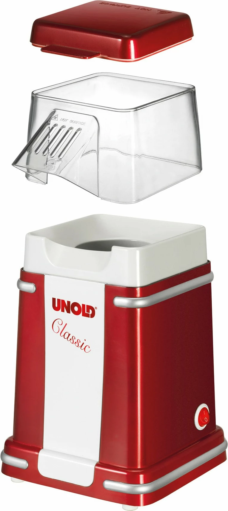Aparat kokoshkash UNOLD 48525 Popcornmaker Classic, 900W, kuqe/bardhë/argjend