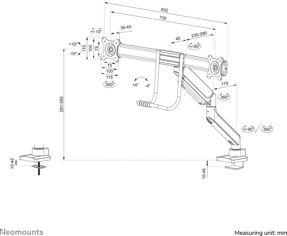 Krah monitori Neomounts DS75-450BL2, Clamp/Grommet, 8 kg, 17"-32", 100 x 100 mm, i zi