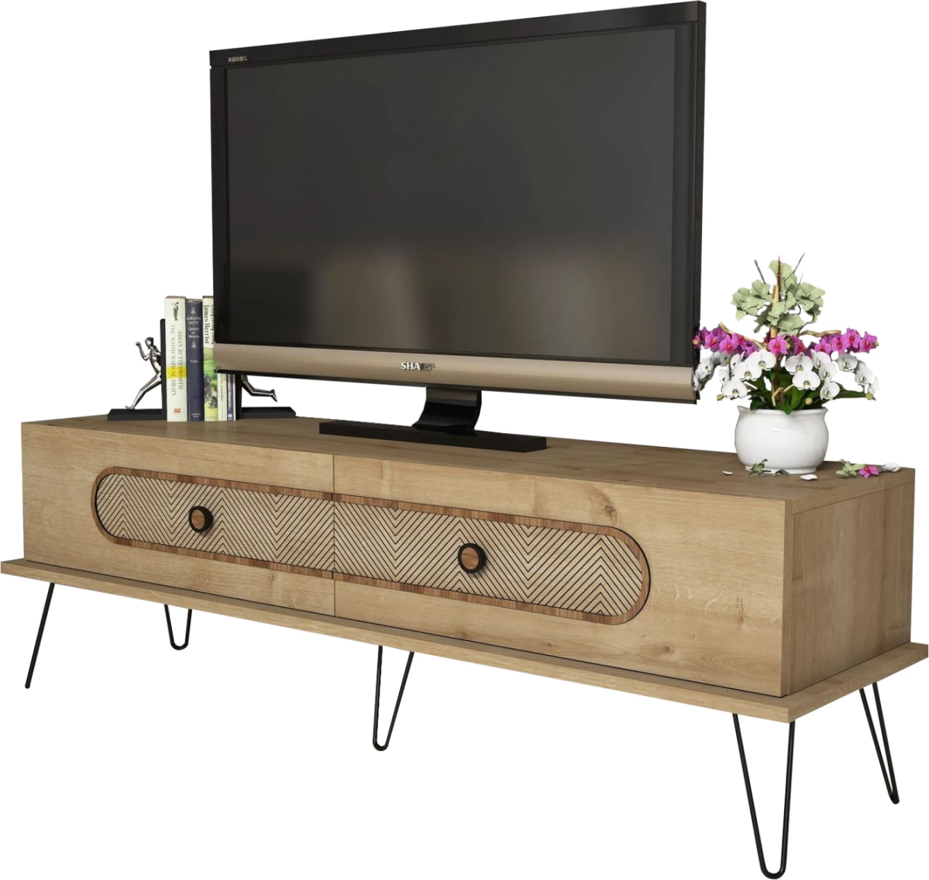 Mbajtëse TV, ngjyrë lisi natyral, këmbë metali, FH9511.02, 145x40x45HMcm