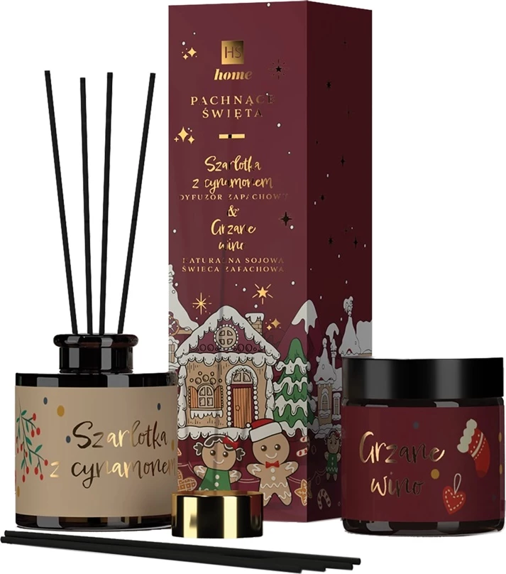 Set aromatik HiSkin Krishtlindje diffuser mollë me kanellë + qiri verë e zier 2 copë