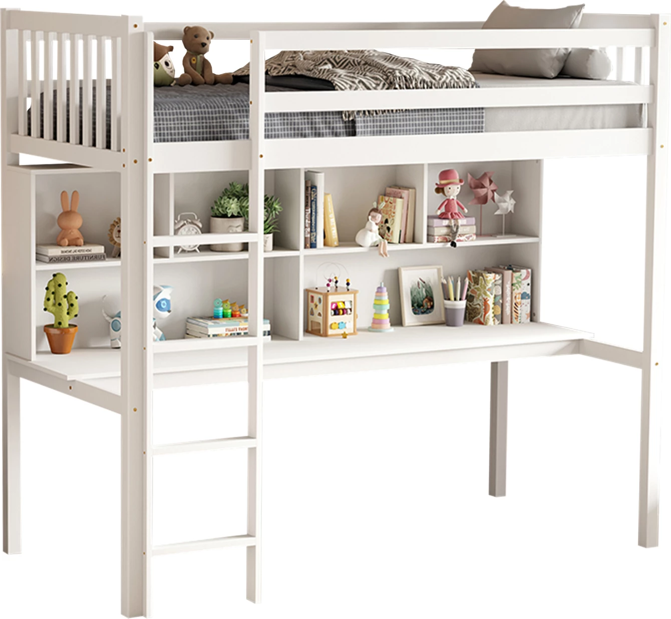 Krevat marinari për fëmijë Montessori me tavolinë e raft librash LIBRO FH708.03, dru i bardhë, 90x190cm