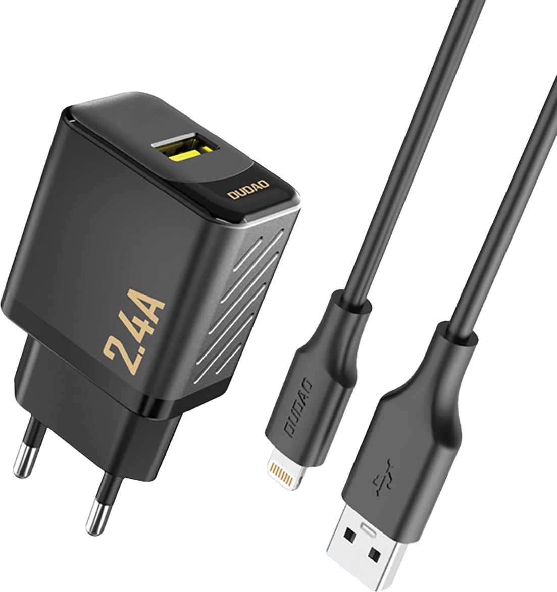 Karikues muri GaN, Dudao A23LEU, 12W 2.4A, USB-A, prizë EU, e zezë, me kabllo USB-A në Lightning 1m