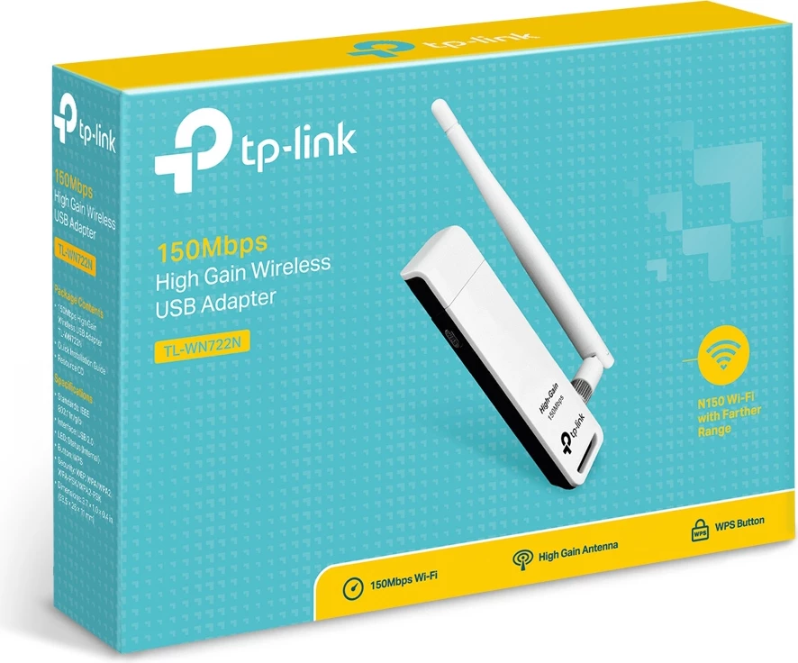 Kartelë rrjeti Wi‑Fi USB TP-Link TL-WN722N, 150 Mbps, Wi‑Fi 4, antenë e jashtme 4 dBi, USB 2.0, bardhë/zi
