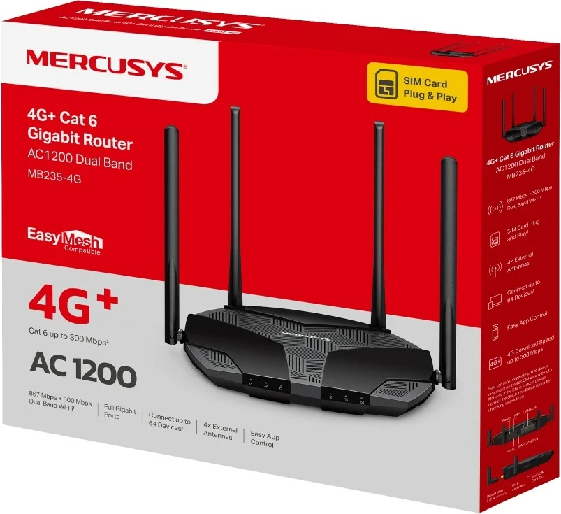 Ruter 3G/4G Mercusys MB235-4G, 4 porta LAN, NanoSIM, i zi