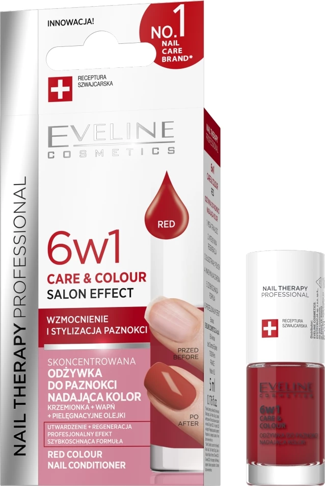 Llak për thonj Eveline Cosmetics Nail Therapy Professional 6w1 Care & Colour Concentrated Nail Conditioner për femra Red 5ml