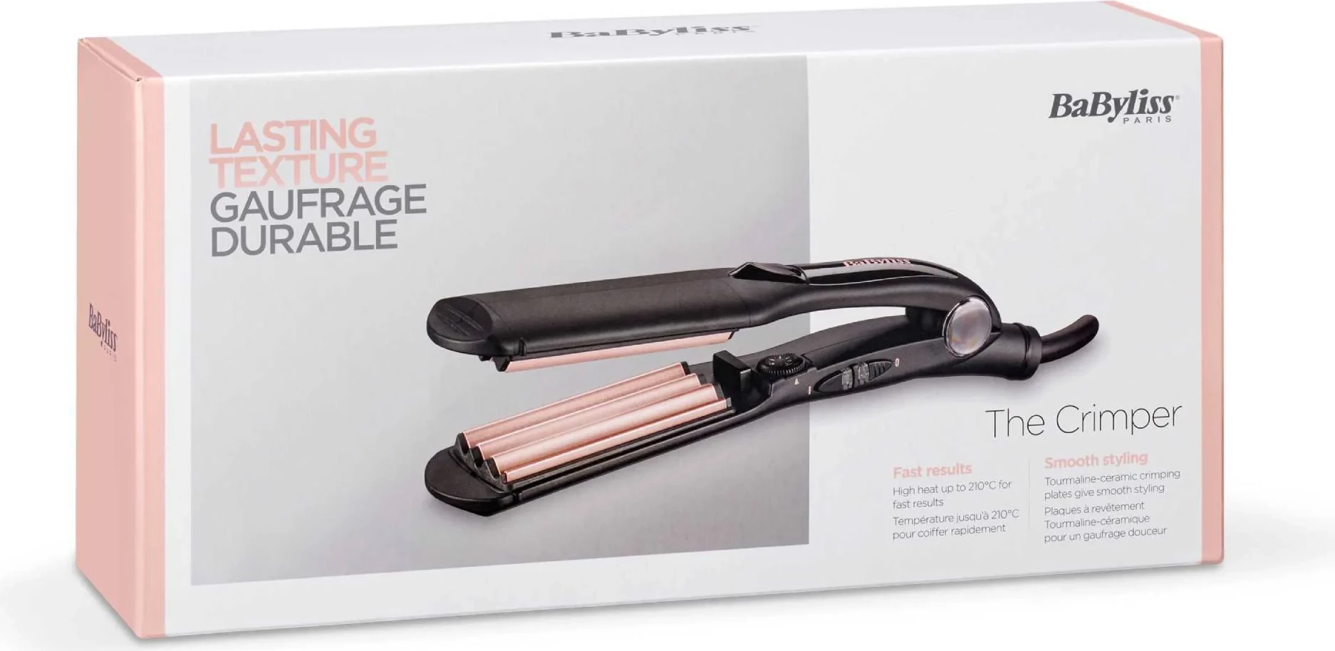 Drejtues flokësh me valë, BaByliss 2165CE, pllaka 45 mm, 120-210°C, 10 nivele, veshje turmalinë-keramike, e zezë/rozë metalike