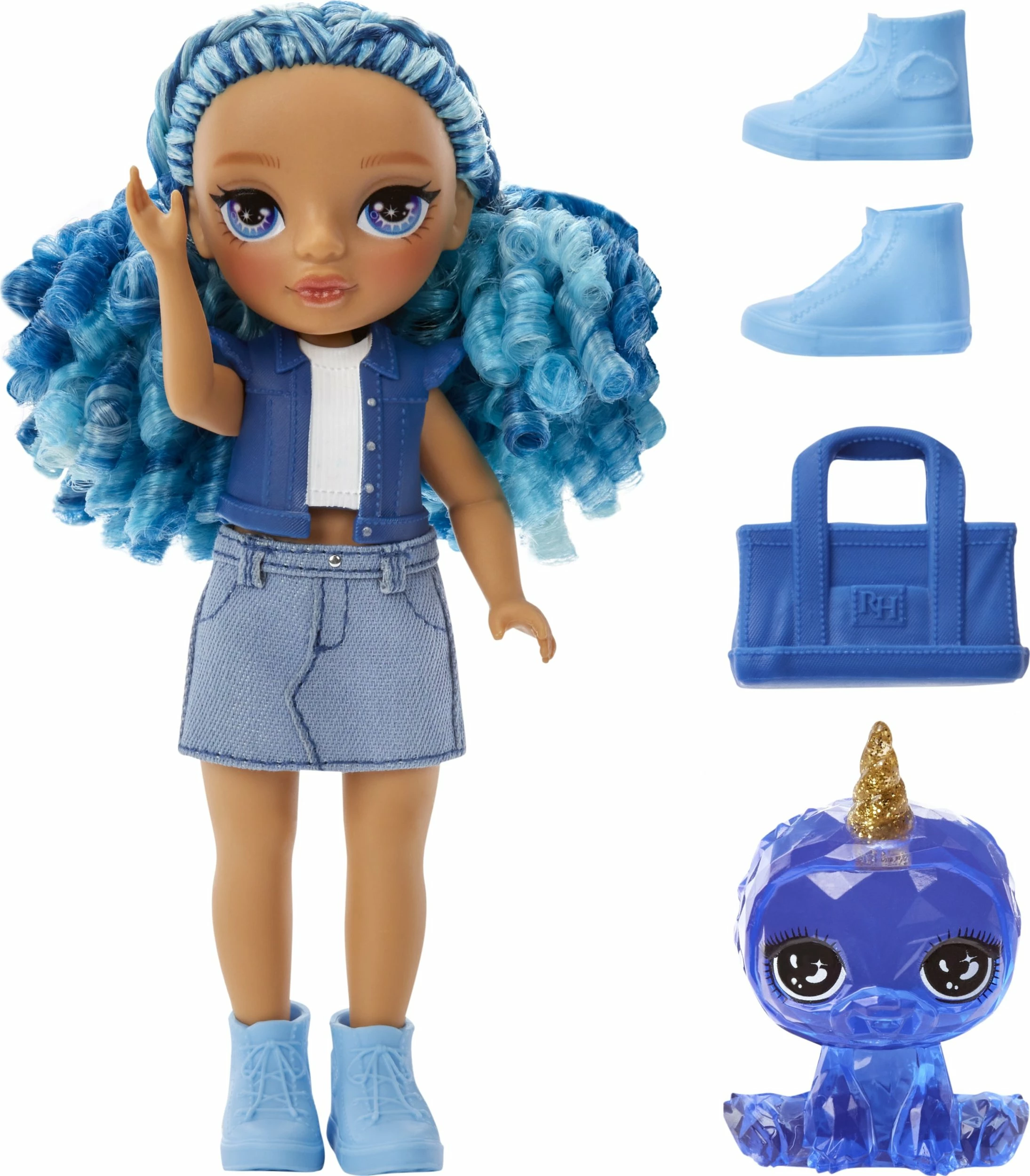 Kukull MGA Rainbow High Littles Sapphire, set me pet dhe çantë, blu