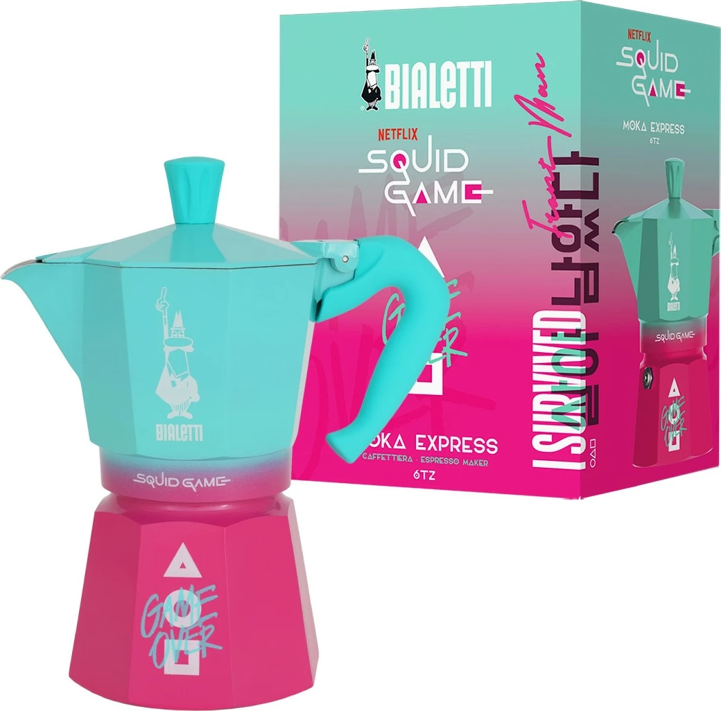 Aparat kafeje Bialetti Moka Express Squid Game 6 filxhana, kaltër/rozë