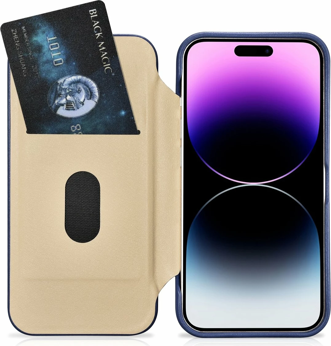 Mbështjellës iCarer CE Premium lëkurë folio për iPhone 14 Pro, MagSafe, Blu