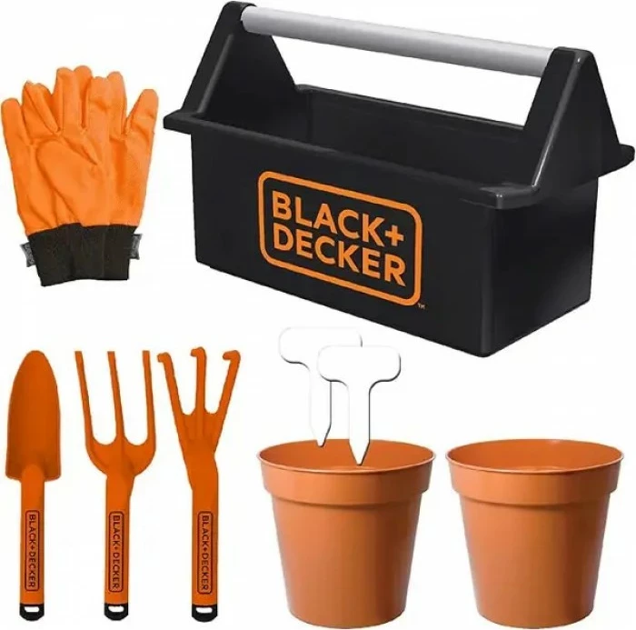 Set veglash kopshtarie për fëmijë Black&Decker SGH013-BD, 3+ vjeç, me kuti, doreza, grabujë, mistrí, lopatë e vogël, pirun, 2 vazo, 2 tabela shënimi, portokalli/zi