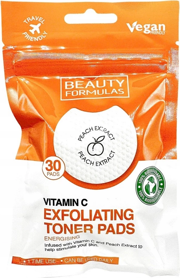 Pads për fytyrë Beauty Formulas Vitamin C Exfoliating Toner Pads për femra, 30 copë