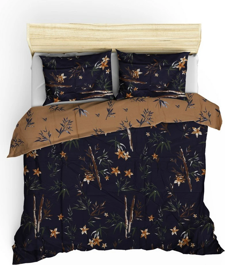 Set mbulesë për jorgan King, saten, L'essentiel, bambu-lule, ngjyrë kaltër e errët, kafe, e verdhë