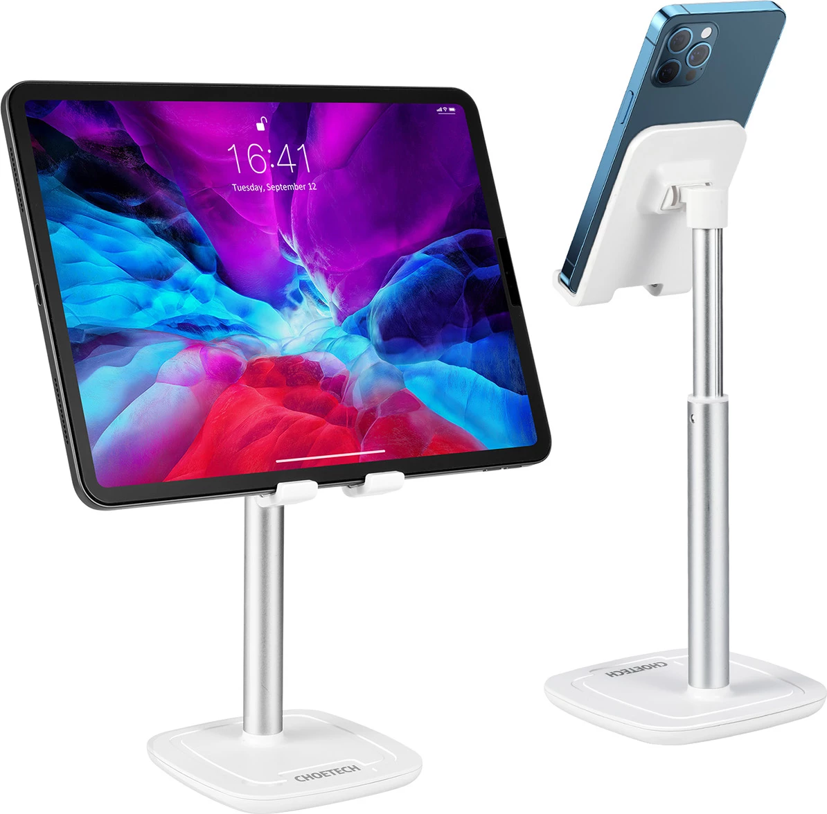 Mbajtëse telefoni/tableti Choetech H035, alumini, e bardhë dhe argjendtë, rregullim këndi dhe lartësie