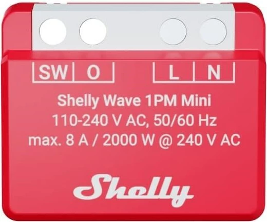Relé inteligjente Shelly Wave 1PM Mini LR, wireless, 110-240V AC, e kuqe