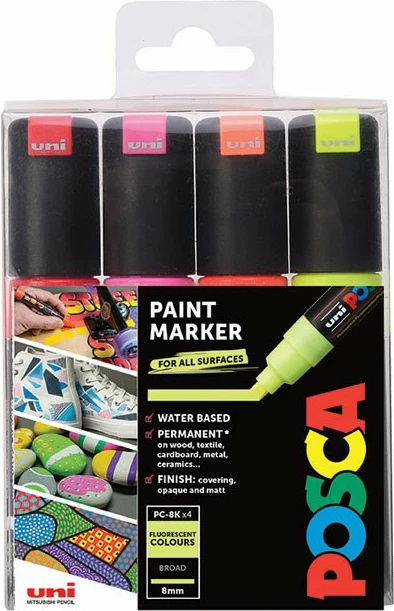 Set markues POSCA PC-8K, 4 ngjyra neon, majë daltë 8mm, multikolor