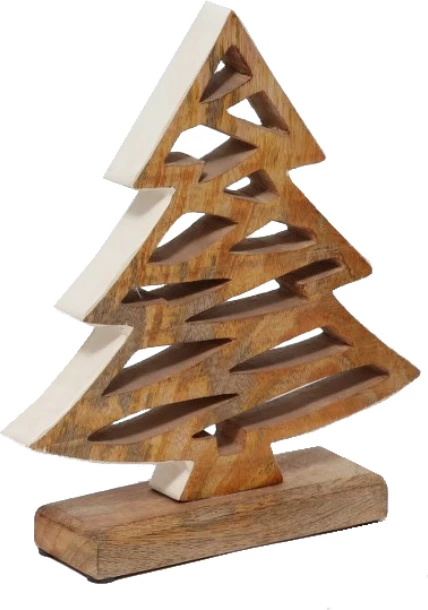 Dekor pemë druri për Krishtlindje, dru mango, natyrale e bardhë, 16x6x20cm