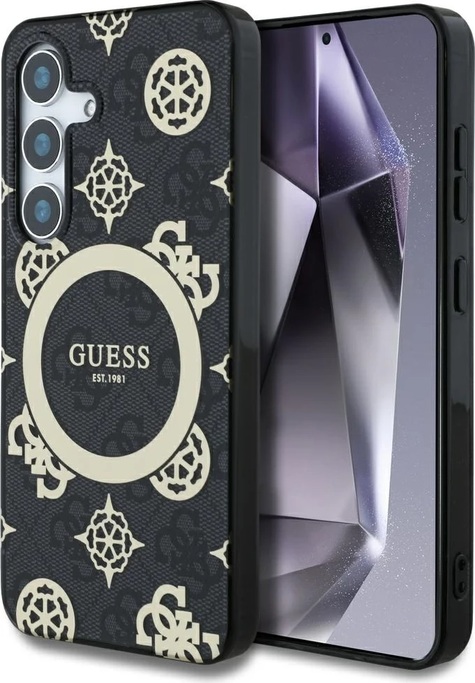 Mbështjellës Guess 4G Background Gold Electroplated Peony Pattern MagSafe për Samsung Galaxy S25, Zi