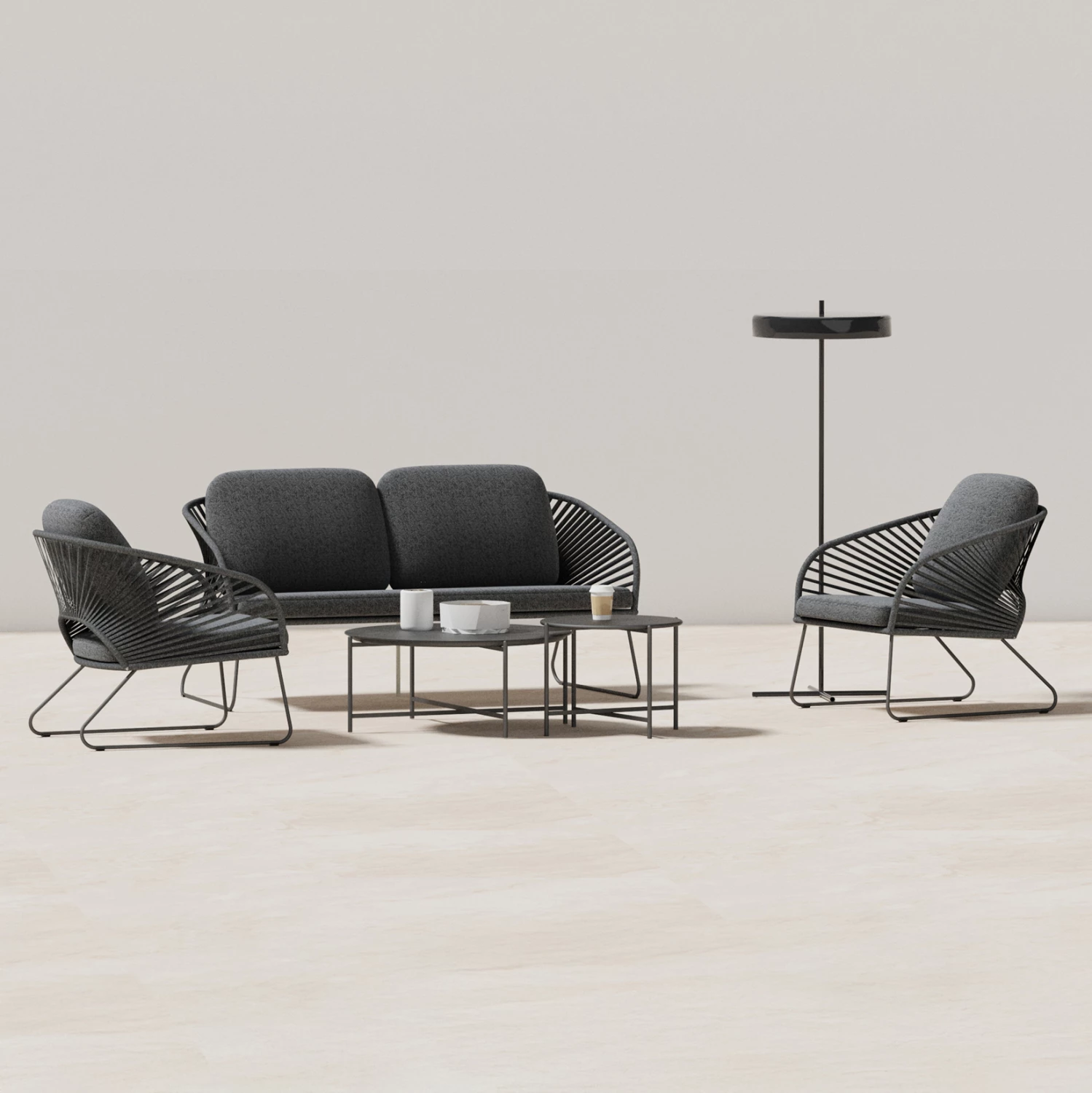 Set lounge për jashtë, 5 pjesë, VERMONT, metal, litar, xham, ngjyrë gri, FH6504.01