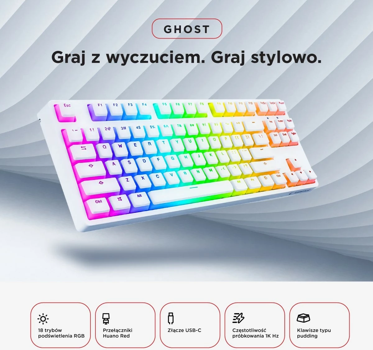 Tastierë mekanike Rampage TKL GHOST, Huano Red Switch, RGB, e bardhë