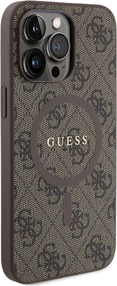 Mbështjellës Guess 4G Collection Leather Metal Logo MagSafe për iPhone 13 Pro / iPhone 13, Kafe
