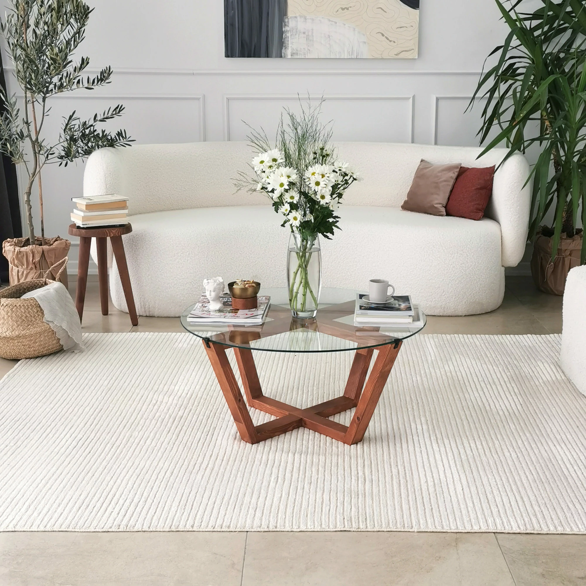 Tavolinë kafeje Hanah Home, Lotus, ngjyrë druri, xham i temperuar, 75x35x75cm