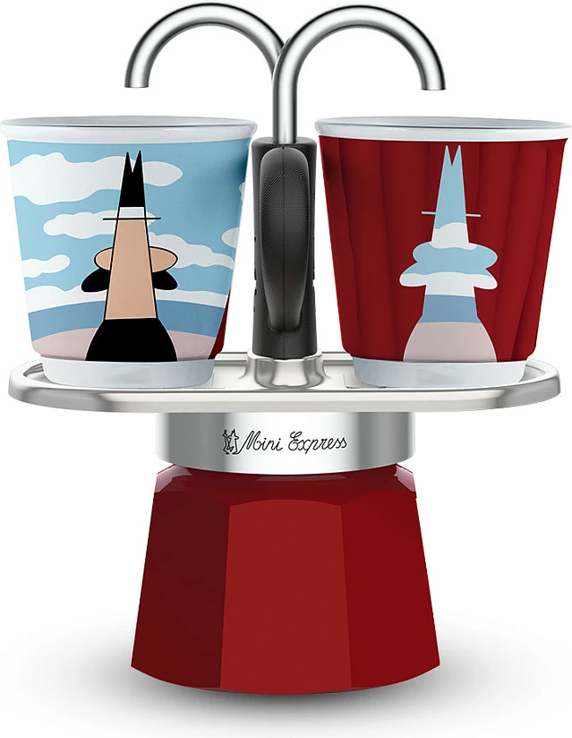 Moka pot Bialetti Mini Express, 2 gota René Magritte, 2 filxhanë, e kuqe