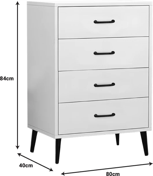 Komodë me sirtarë mdf, ngjyrë bardhë, këmbë metalike të zeza, 80x40x84cm