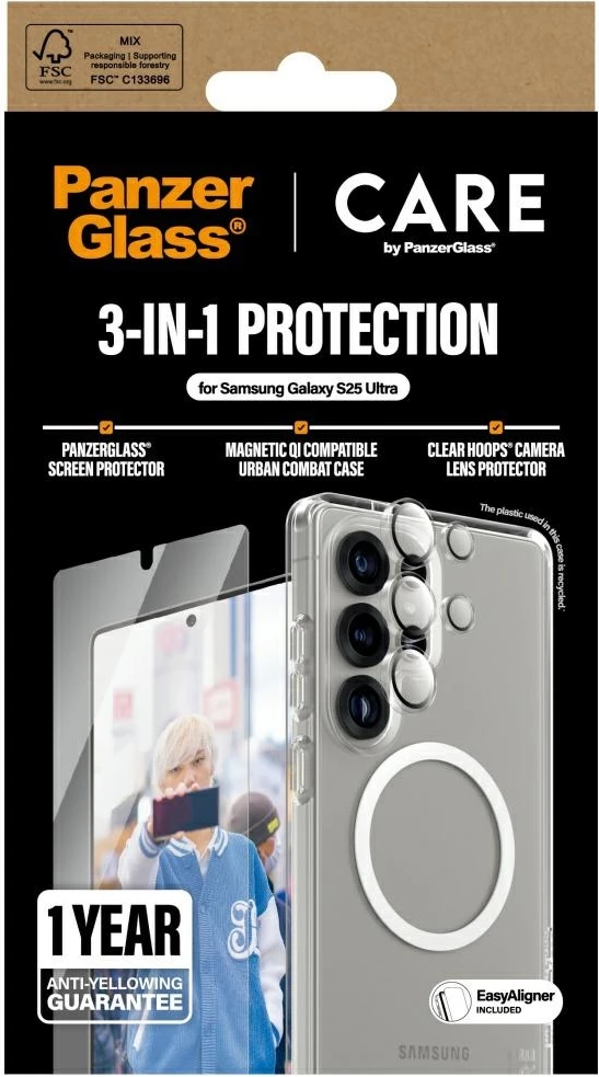Mbështjellës PanzerGlass CARE 3in1 për Samsung Galaxy S25 Ultra, me xham mbrojtës dhe mbrojtës lente, Transparent