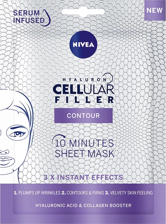 Maskë fytyre për femra Nivea Hyaluron Cellular Filler Contour 10-minute Sheet Mask, 1 copë